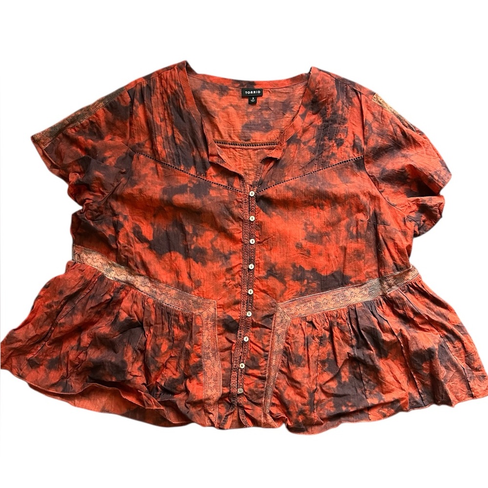 Torrid lace trim button up peasant cotton gauze blouse tie dye EUC 3X